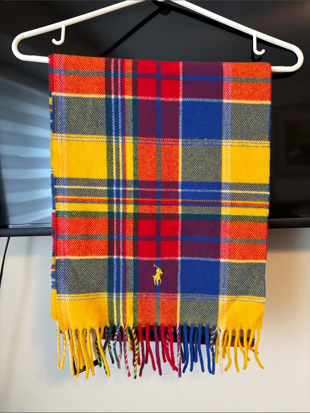 Ralph Lauren Bright Plaid Fringe Scarf in Red, Yellow & Blue